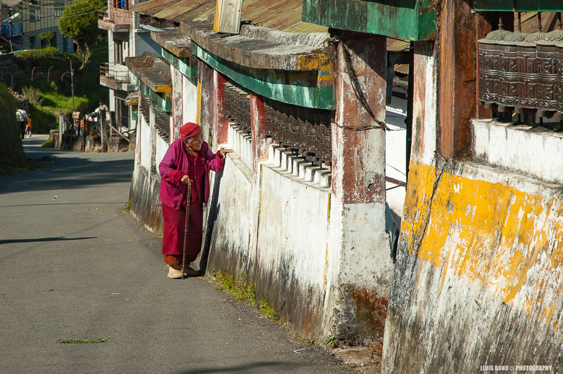 Una monja budista fa girar els molinets d'oració en un mur exterior del Rumtek Dharma Chakra Centre